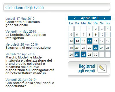 Esempio di visualizzazione del Modulo Iscrizione ad Eventi: viene visualizzato il calendario e gli eventi del mese, dal sito Unindustria Bologna