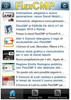 immagine dello screen shot di I phone con la visualizzazione di alcuni feed rss esportati dal sito www.flexcmp.com
