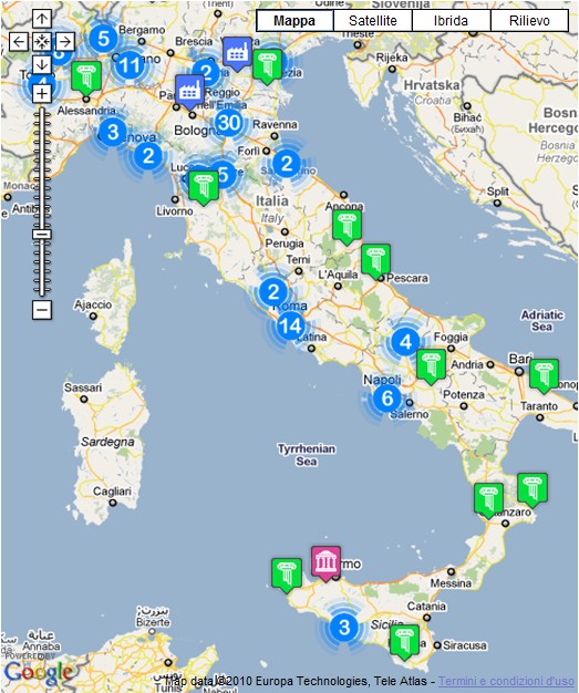 Immagine di una Google Map con i clienti e progetti FlexCMP geo-referenziati