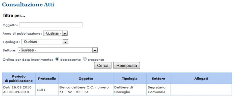 Immagine del Front End di Consultazione Atti