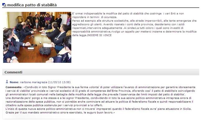 immagine dello screen shot della sezione del sito della Provincia di Agrigento dedicata al blog del presidente 