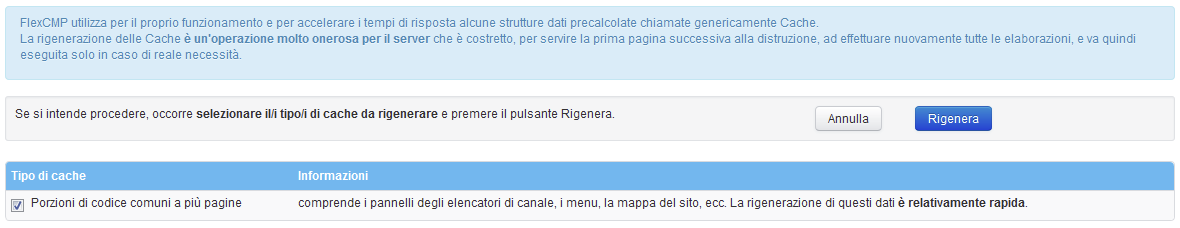 Menù per rigenerare la cache del sito