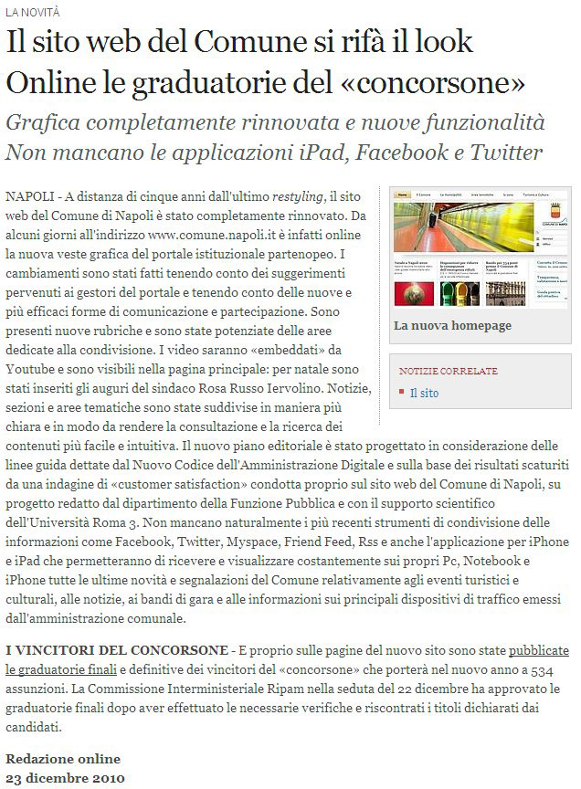 articolo dal sito "Corriere del Mezzogiorno.it" del 23 Dicembre 2010