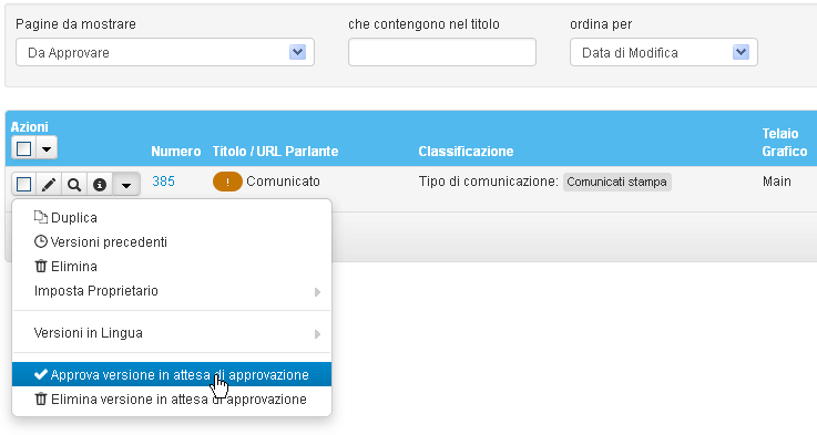 Approvazione di una pagina attraverso il menù Pagine