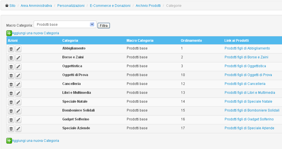 Il menù “Gestione Categorie”