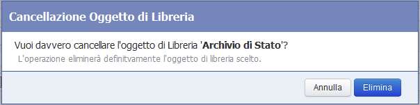 Richiesta di conferma per l'eliminazione di un oggetto libreriao