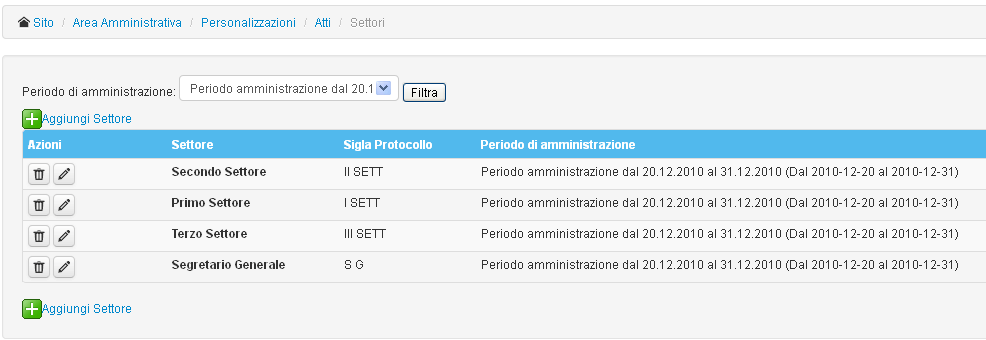 Il menù “Gestione Settori”