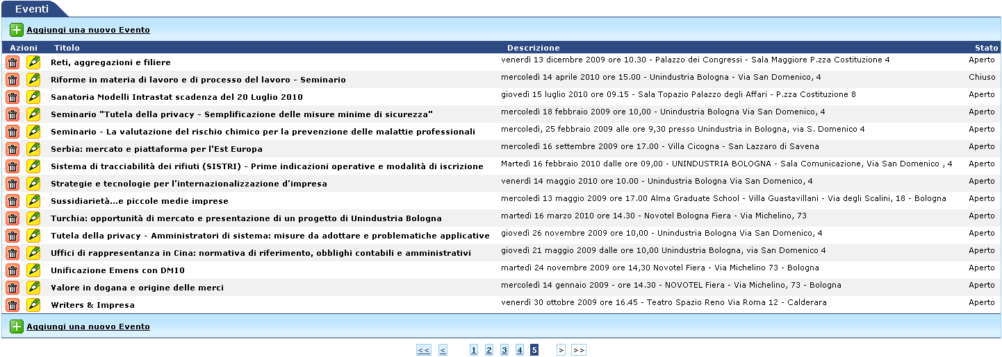 Il menù “Gestione Eventi”