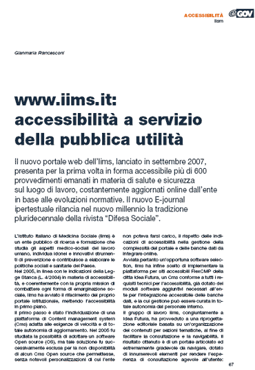 Immagine dell'articolo da "E-Gov" di Ottobre 2007