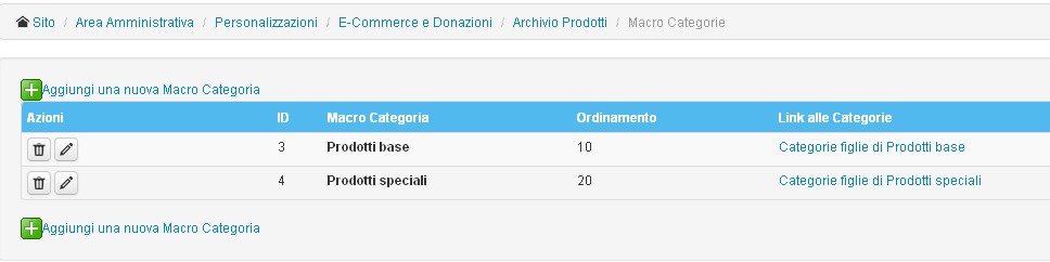 Il menù “Gestione Macro Categorie”