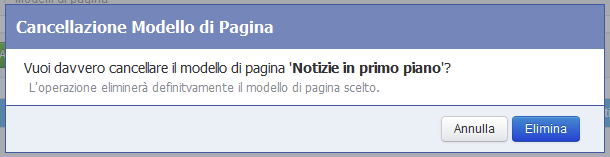 Richiesta di conferma dell'eliminazione di un modello di pagina